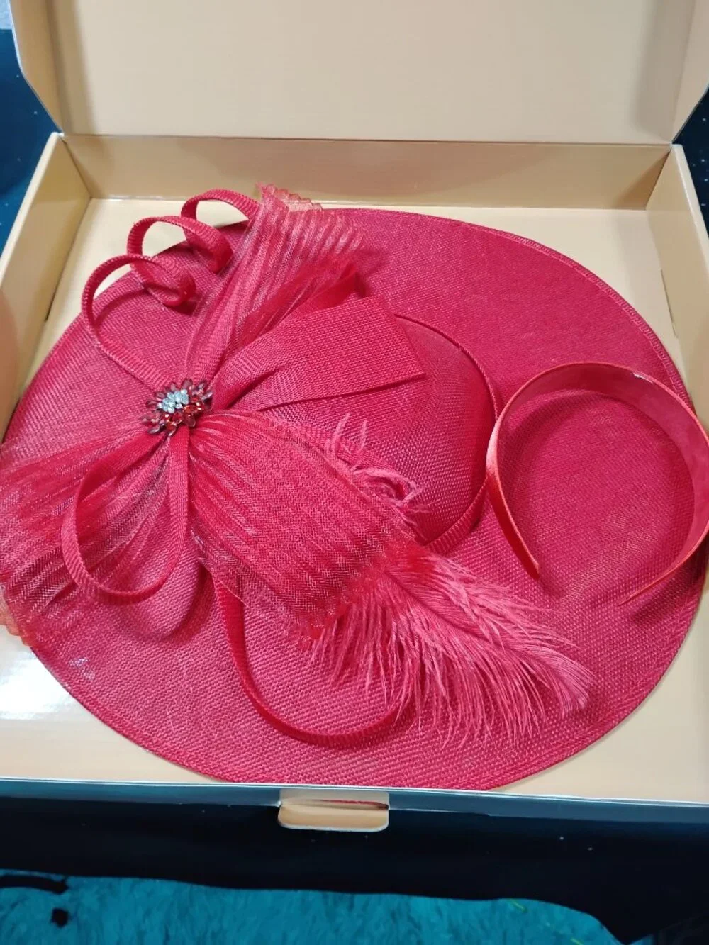 Red Dressfan Fascinator Hat Headband Wedding Tea Party Kentucky Derby Bridal